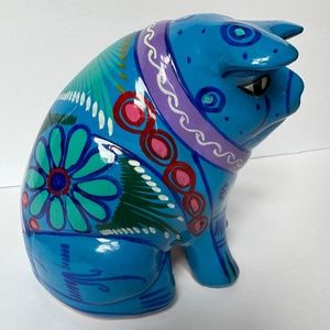 Mexican Talavera Hand Painted Pig Bank Folk Art Pottery Laguna Blue w/plug